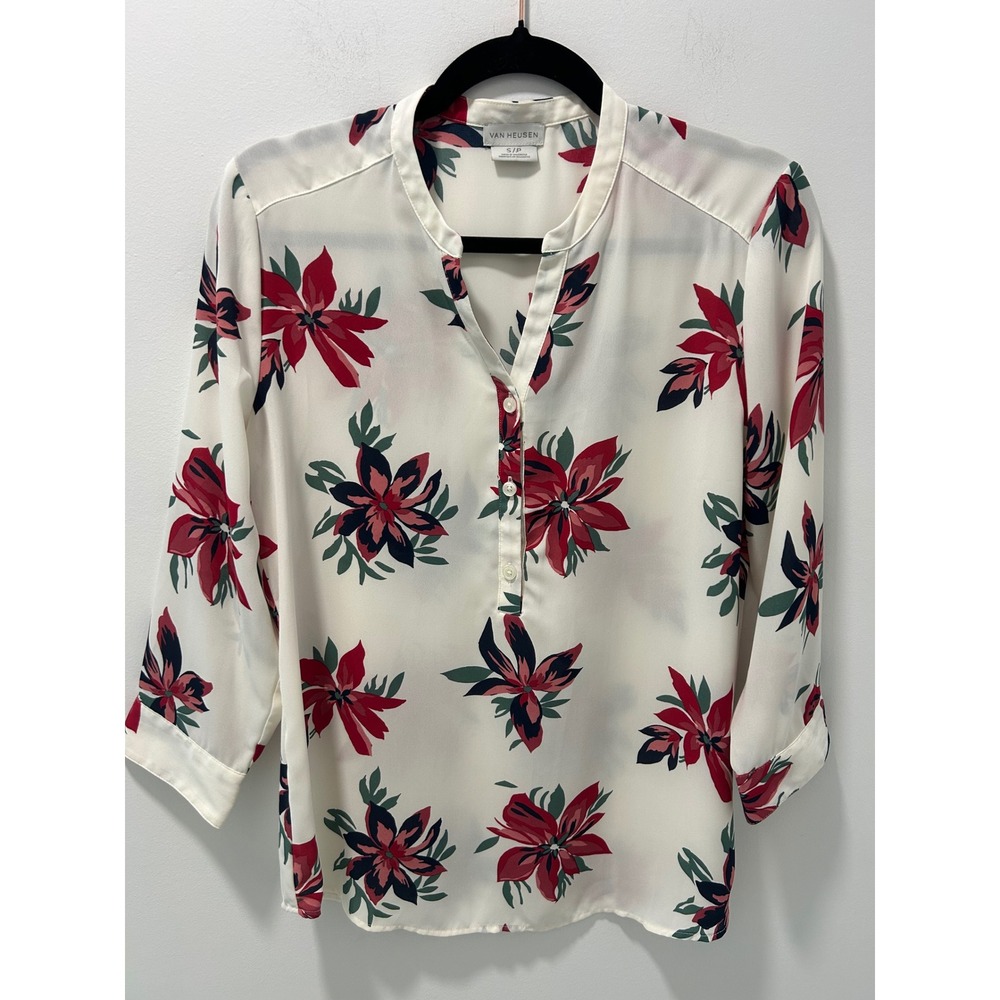 Van Heusen Womens Floral Split Neck Blouse White Red Navy Small 3/4 Sleeve